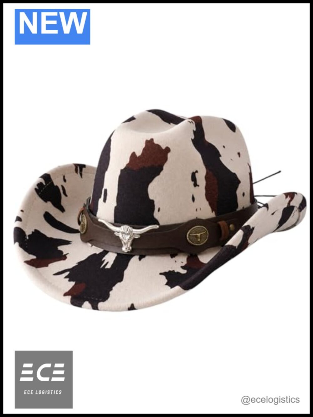Western Cow Print Cowboy Hat Metal Bull Hatband Wide Brim
